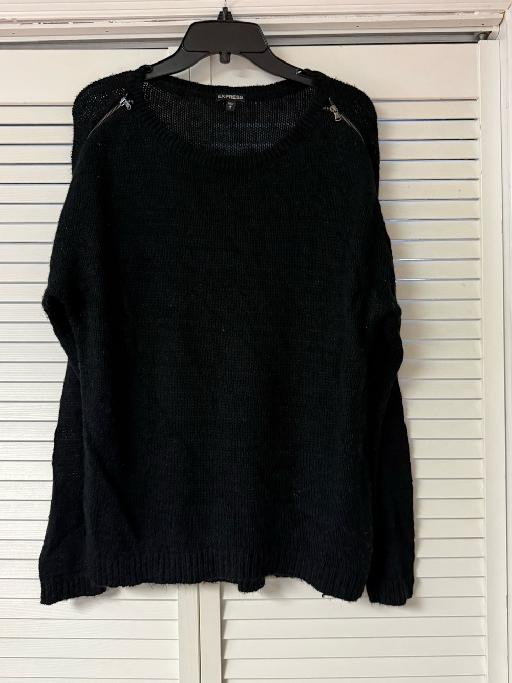 Express Black Crewneck Zip-Shoulder Wool Sweater